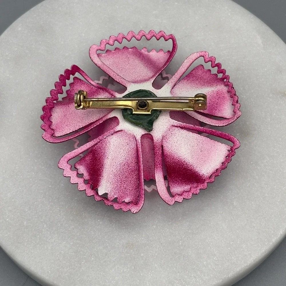 Vintage Enamel Metal Flower Brooch Dimensional Pink MOD Pop Art